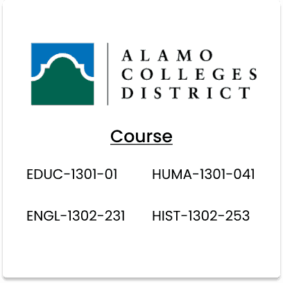 Alamo College, EDUC-1301-016, ENGL-1302-231, HUMA-1301-041, HIST-1302-253